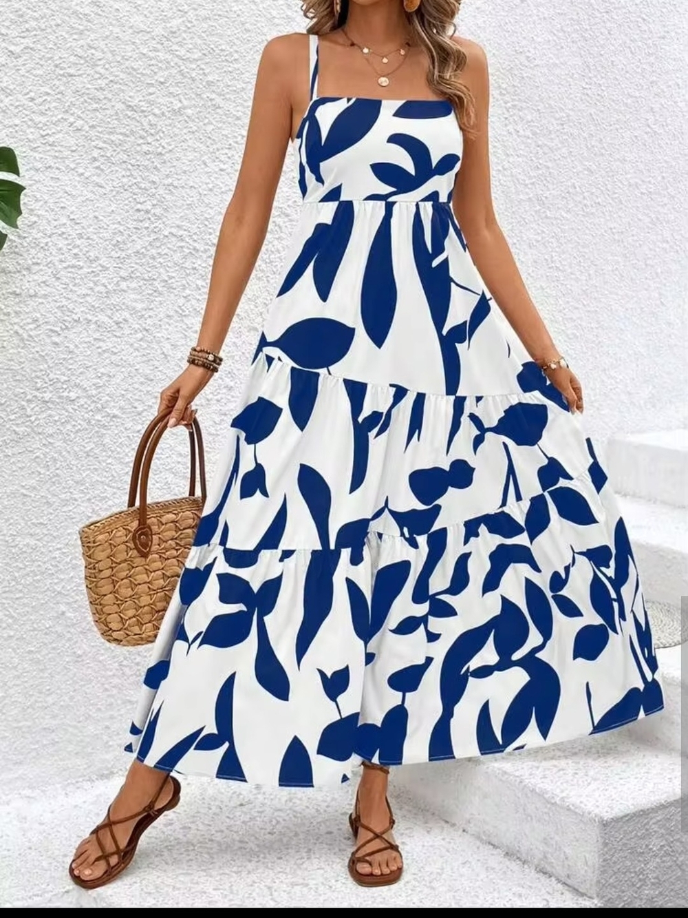 SHEIN White & Blue Floral Tiered Maxi Dress